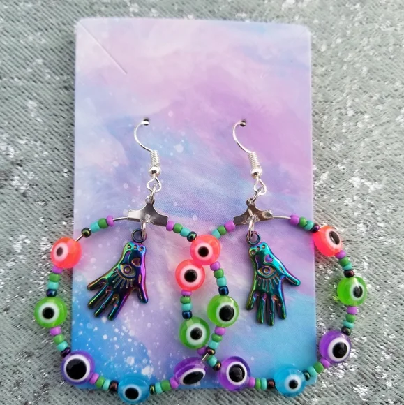 Hamsa hand evil eye earrings boho - Picture 4 of 5
